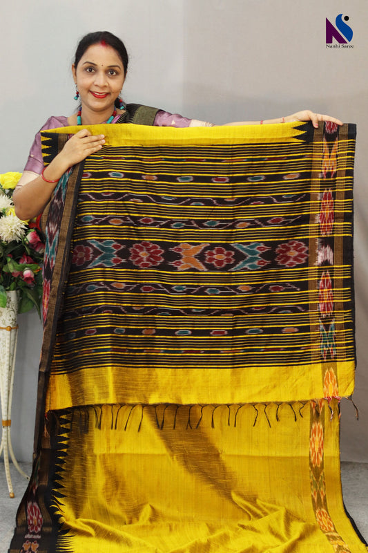 Traditional golden Yellow Body Flema Silk Saree Featuring Black ekkat Pallu Accent