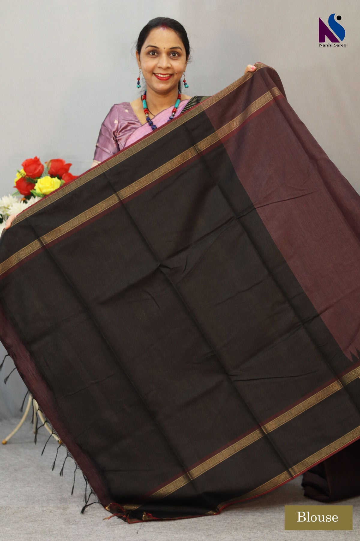 Traditional Flema Silk Saree in Dark Brown with Rich Golden Black Pallu