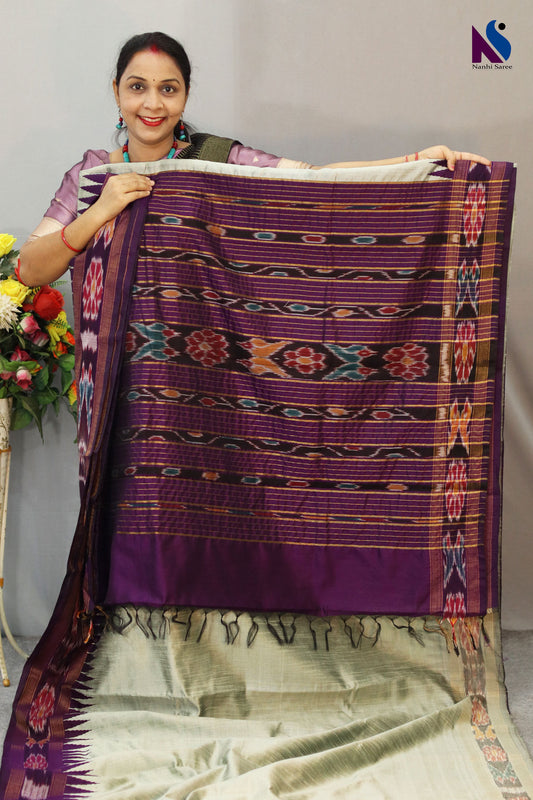 Handloom Elegant Purple & Silver Grey Flema Silk Saree with Ekkat Border