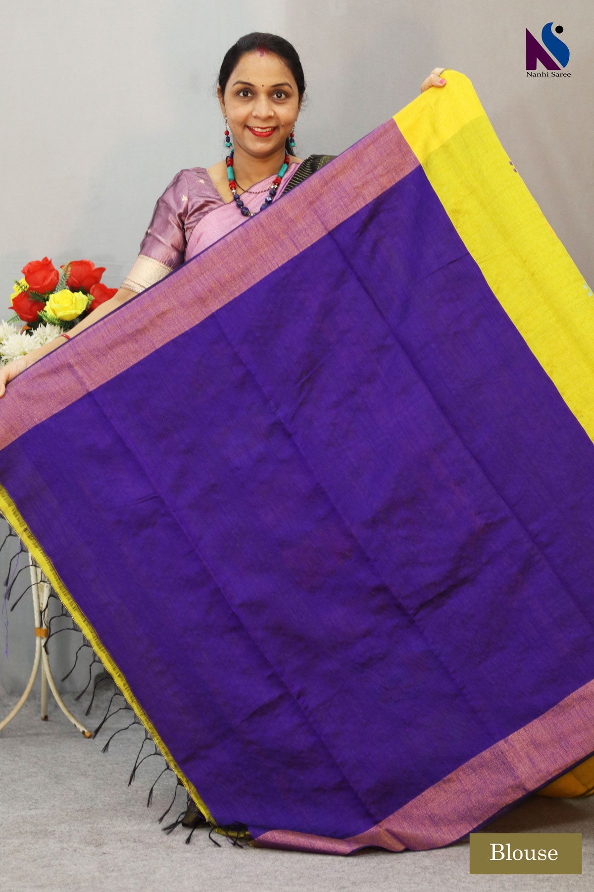 Handloom Flema Silk Saree in Yellow and Blue with Elegant Dolabery Design