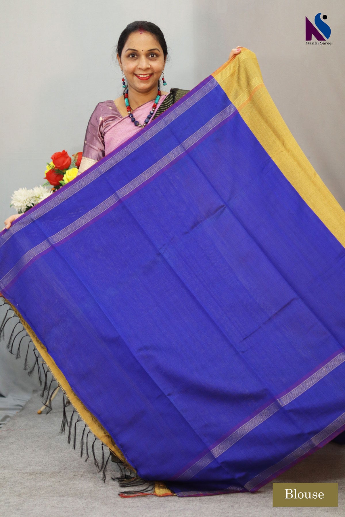 Attractive Handloom Flema Silk Saree with Blue pallu Golden body – Beautiful Colour Combination