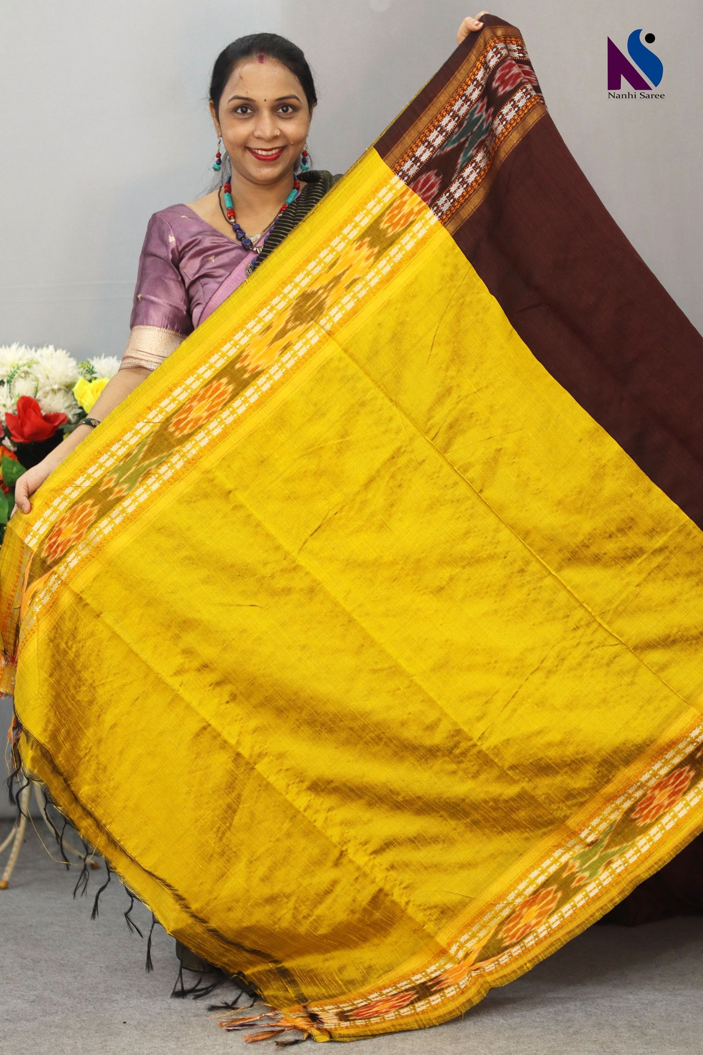Beautiful Handloom flema silk Saree with Mustard sambalpuri Design bidarma border