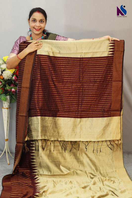 Handwoven coffie Pallu Flema Silk Saree khapa fera design – cream tussar colour Highlights