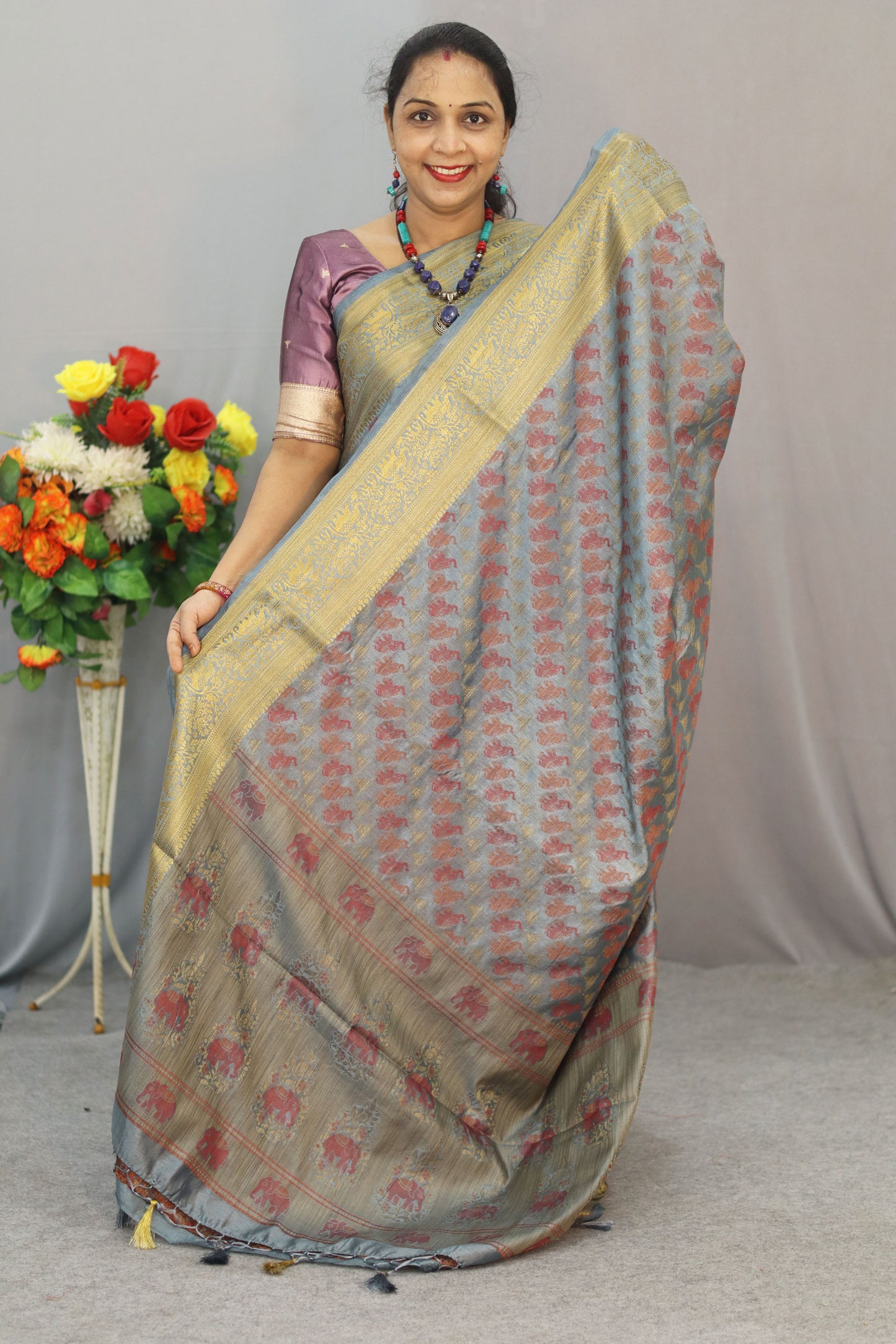 Beautiful Light Grey Powerloom  soft Saree with Classic Weaving