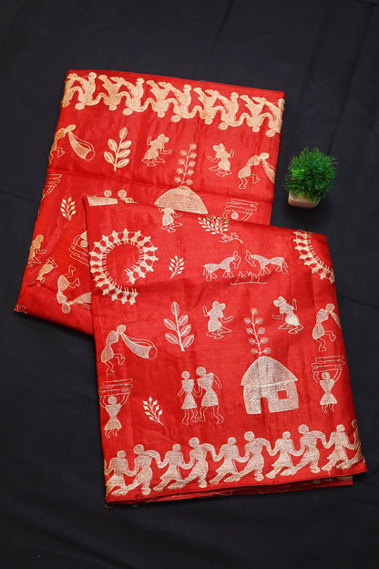 Designer Light Red Tussar Silk Saree Handloom Crafted With Elegant Embroidered Details