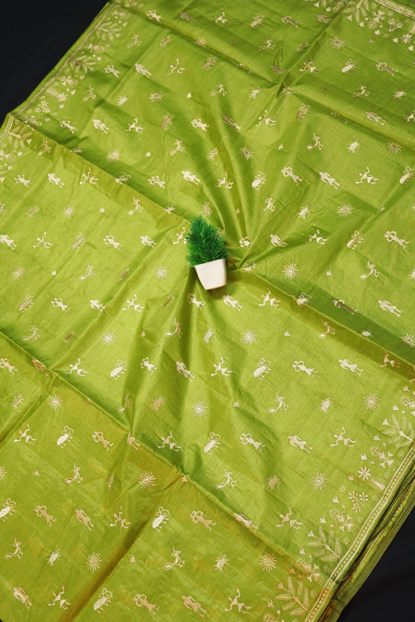 Luxury Handloom Crafted Light Mehendi Tussar Silk Saree Featuring Fine Embroidery