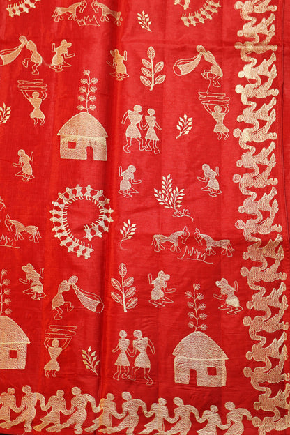 Designer Light Red Tussar Silk Saree Handloom Crafted With Elegant Embroidered Details