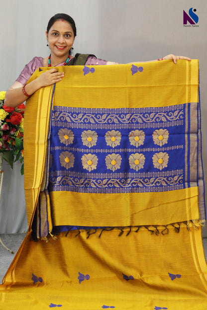 Vibrant yellow and blue tones paired with elegant handloom craftsmanship saree