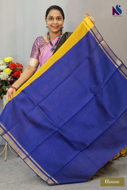 Vibrant yellow and blue tones paired with elegant handloom craftsmanship saree