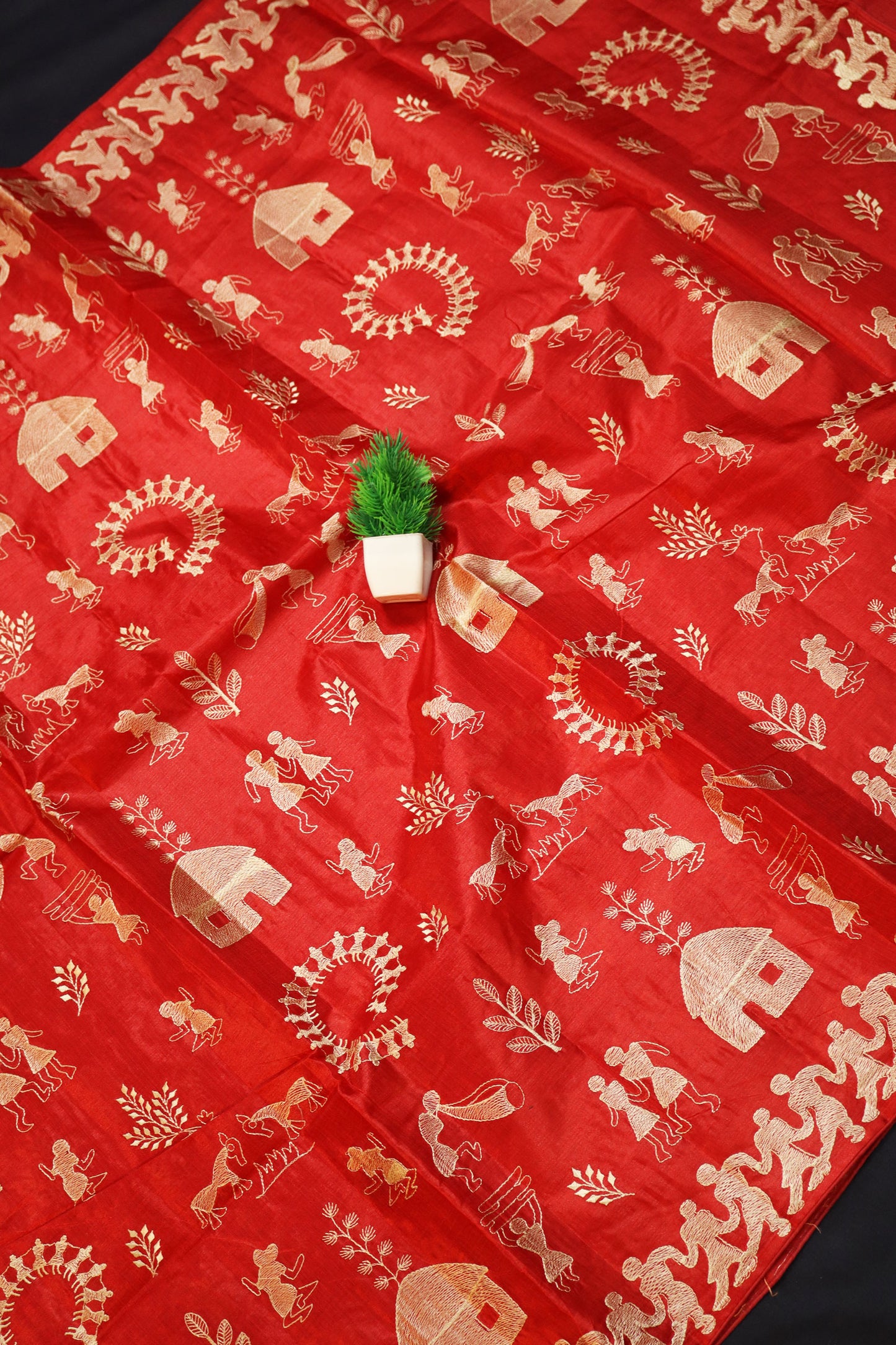 Designer Light Red Tussar Silk Saree Handloom Crafted With Elegant Embroidered Details