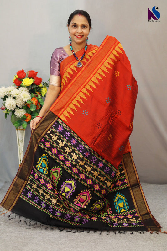Graceful Red Dolabery Saree with Black Pallu Crafted in Handloom Flema Silk
