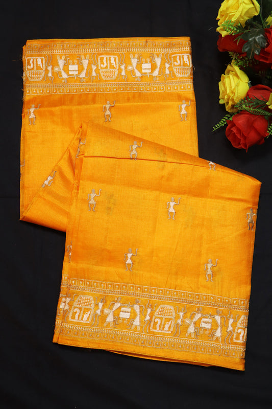 Designer Orange Tussar Silk Saree Handloom Crafted With Elegant Embroidered Detailing