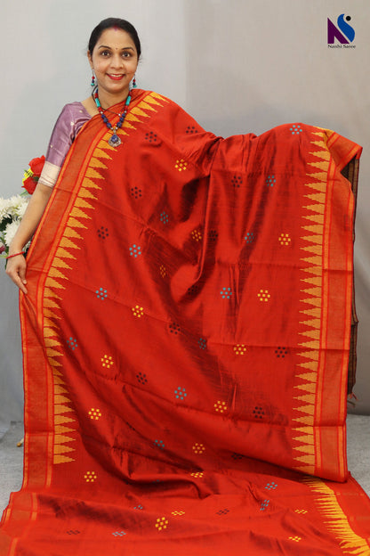 Graceful Red Dolabery Saree with Black Pallu Crafted in Handloom Flema Silk
