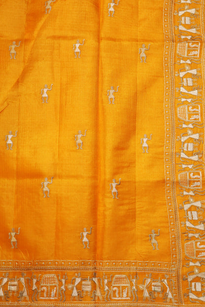 Designer Orange Tussar Silk Saree Handloom Crafted With Elegant Embroidered Detailing