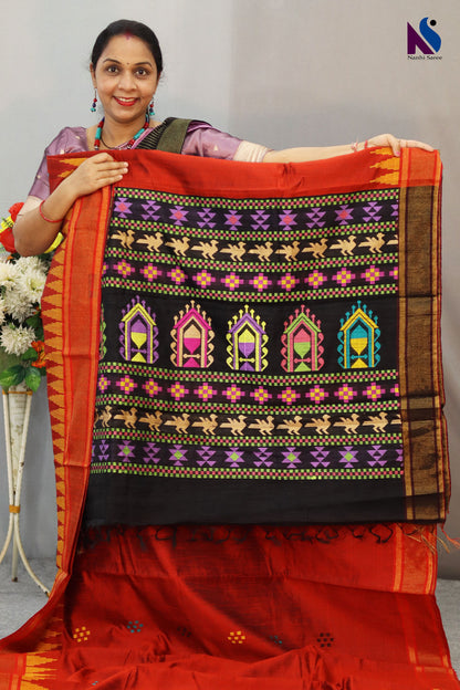 Graceful Red Dolabery Saree with Black Pallu Crafted in Handloom Flema Silk