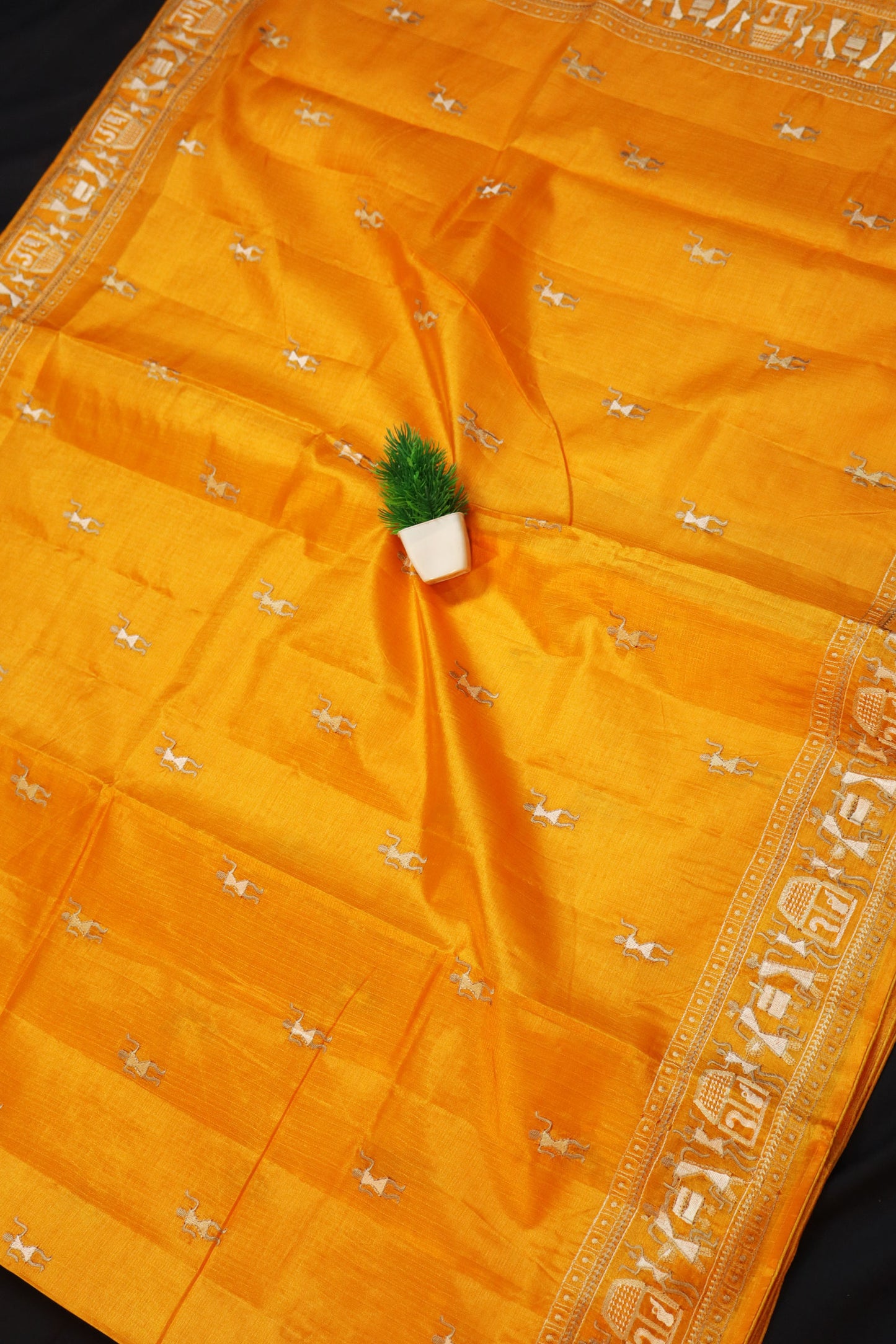 Designer Orange Tussar Silk Saree Handloom Crafted With Elegant Embroidered Detailing