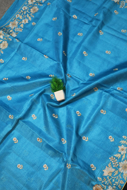 Handloom Turquoise Tussar Silk Embroidered Lightweight Premium Comfortable Elegant Saree