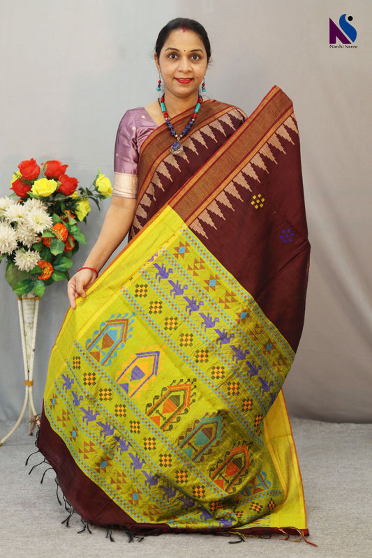 Premium Coffee Color Flema Silk Saree with Lemon Yellow Pallu – Graceful Dolabery Handloom Design