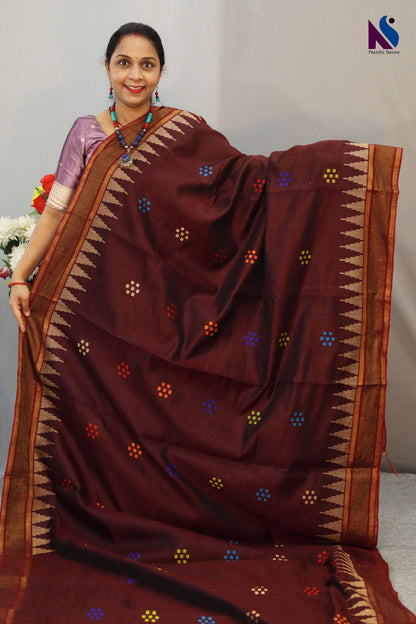 Premium Coffee Color Flema Silk Saree with Lemon Yellow Pallu – Graceful Dolabery Handloom Design