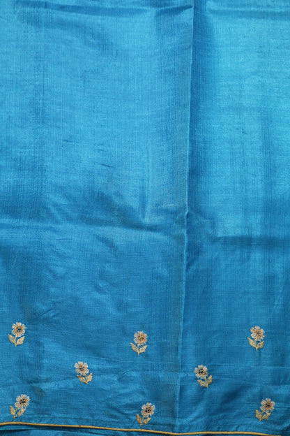 Handloom Turquoise Tussar Silk Embroidered Lightweight Premium Comfortable Elegant Saree