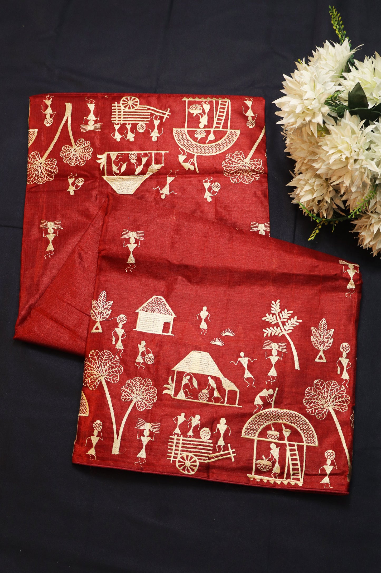 Art Inspired Red Handloom Tussar Silk Saree With Subtle Embroidery Highlights