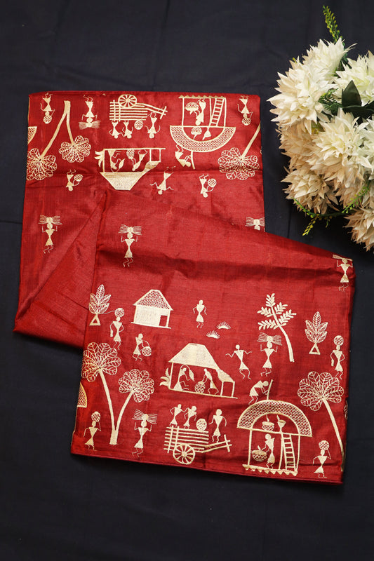 Art Inspired Red Handloom Tussar Silk Saree With Subtle Embroidery Highlights