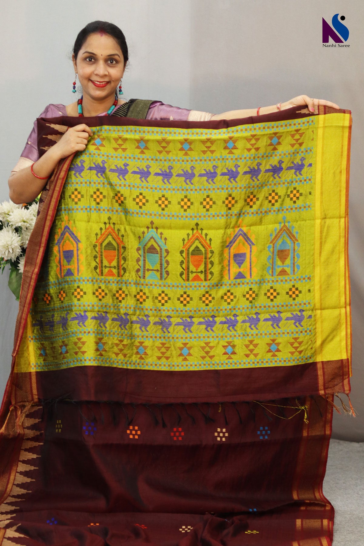 Premium Coffee Color Flema Silk Saree with Lemon Yellow Pallu – Graceful Dolabery Handloom Design