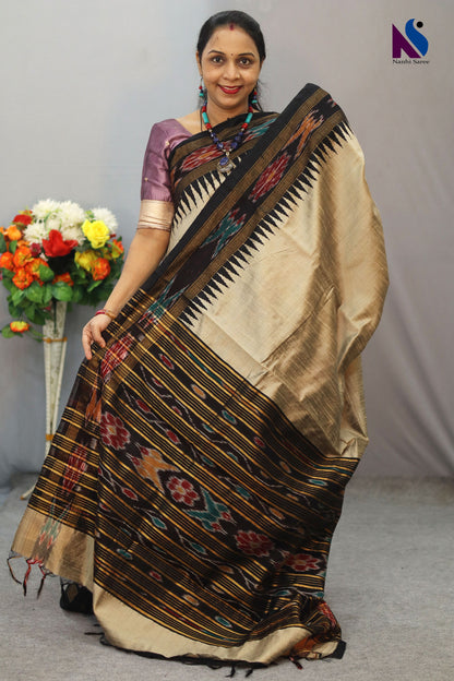 Traditional Handloom flema silk Saree with tussar Colour black pochampalli Pallu ekkat border