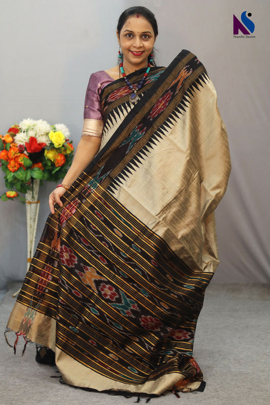 Traditional Handloom flema silk Saree with tussar Colour black pochampalli Pallu ekkat border
