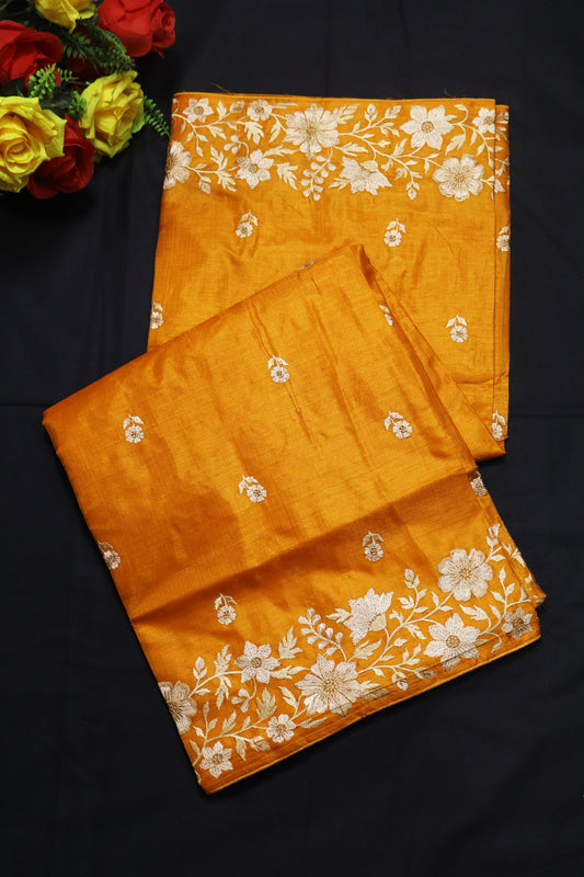 Rich Embroidered Tussar Silk Orange Handloom Saree With Heavy Look Appeal
