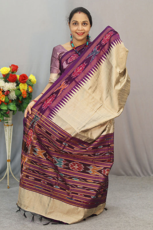 Handwoven Flema Silk Saree tussar colour Ikkat Charm.