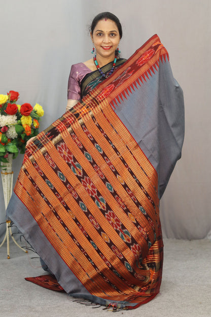 Beautiful Handwoven Flema Silk Saree in grey Ikkat border
