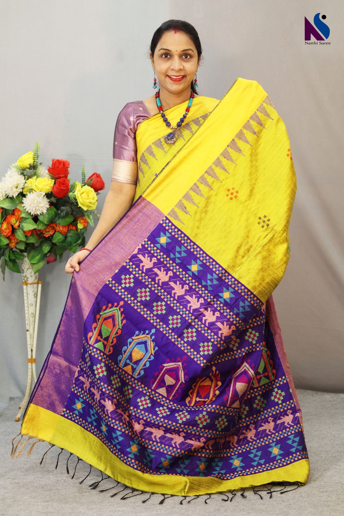 Handloom Flema Silk Saree in  Yellow and Blue with Elegant Dolabery Design