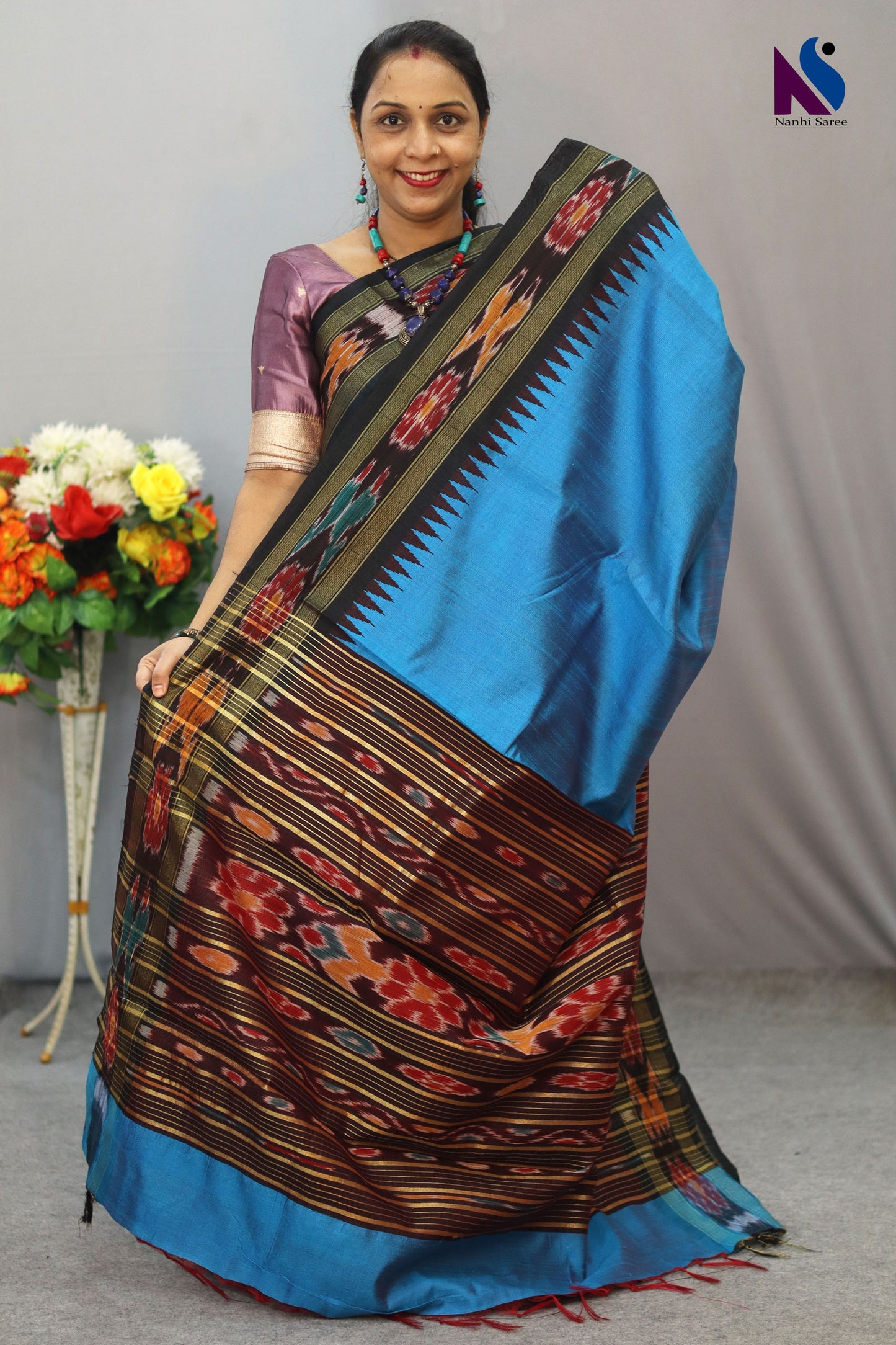 Charming Handloom flema silk Saree with Turquoise Colour Pochampalli Design ekkat border