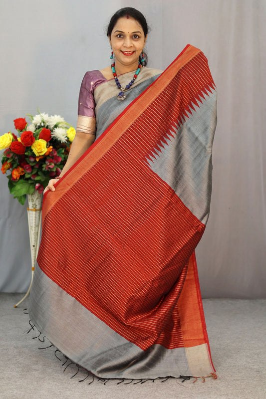 Hand Woven Najakat art silk saree in graceful gray and rich wine red combination