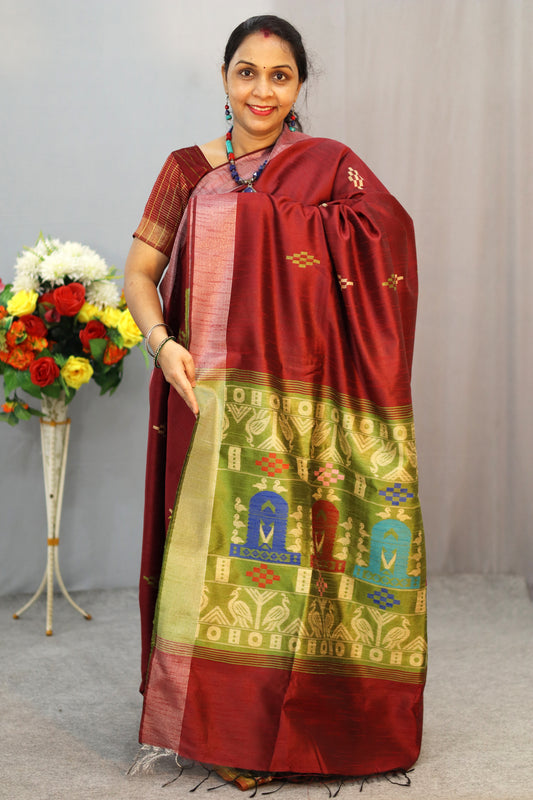 "Rich wine red art silk saree with mesmerizing pallu design."