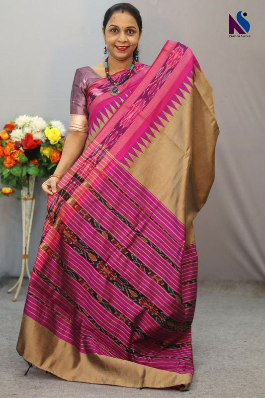 Graceful Handloom flema silk Saree with Tussar Body Pink pochampalli Pallu ekkat border