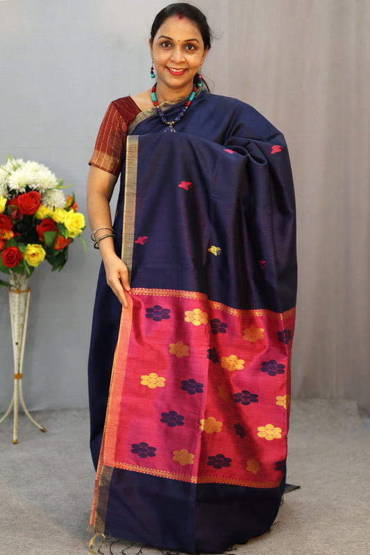 "Royal navy blue art silk saree with elegant pallu design."