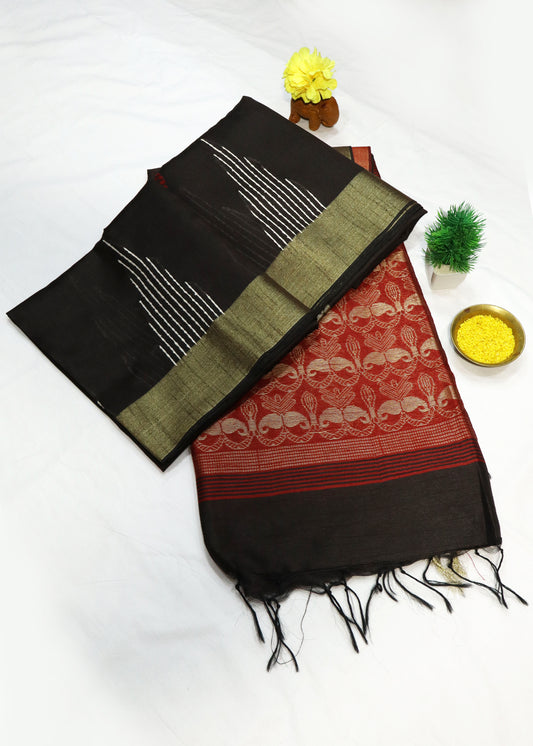Rich dark coffee saree featuring bold red pallu for a royal look