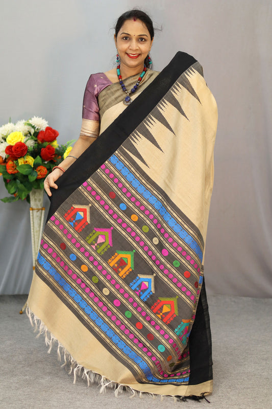 Hand woven art slik tussar colour temple design saree, Dola berry