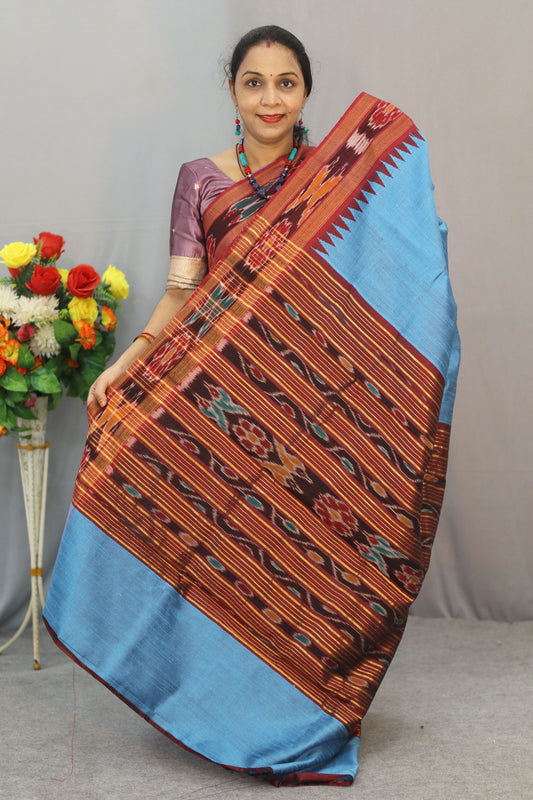 Traditional Handwoven Flema Silk Saree, sky blue Ikkat Border