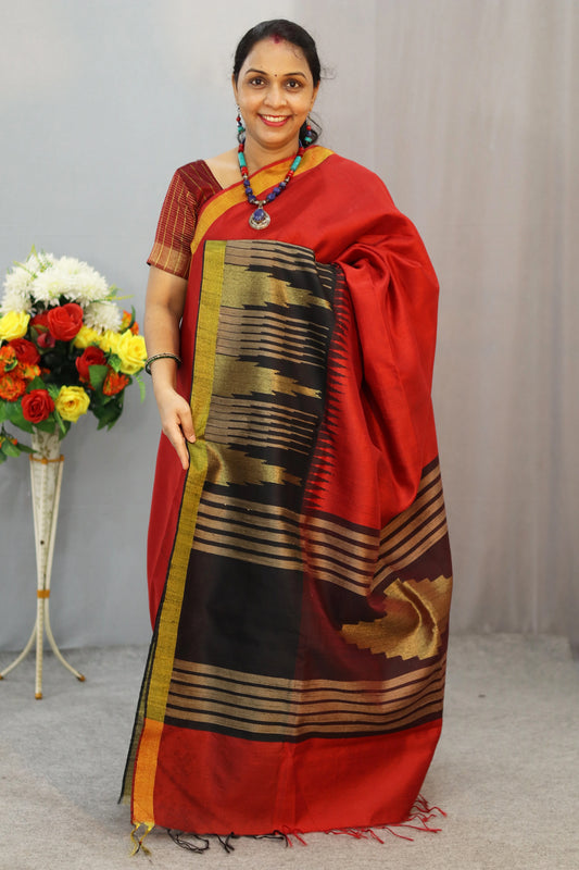 "Red temple stripe art silk saree with intricate pallu design."