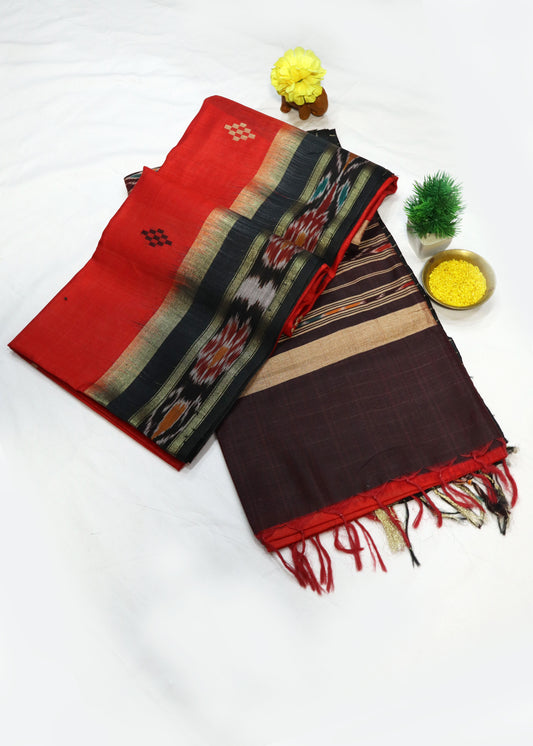 Handwoven soft red art silk saree with detailed Sambalpuri pallu motifs