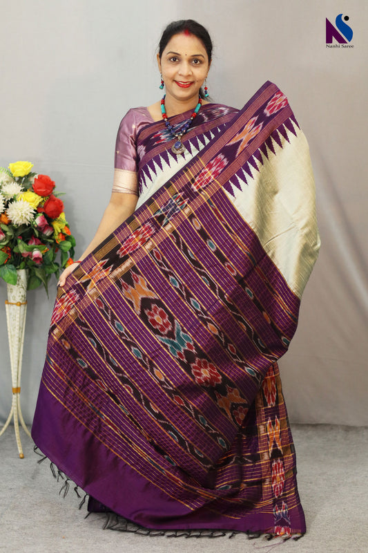 Handloom Elegant Purple & Silver Grey Flema Silk Saree with Ekkat Border