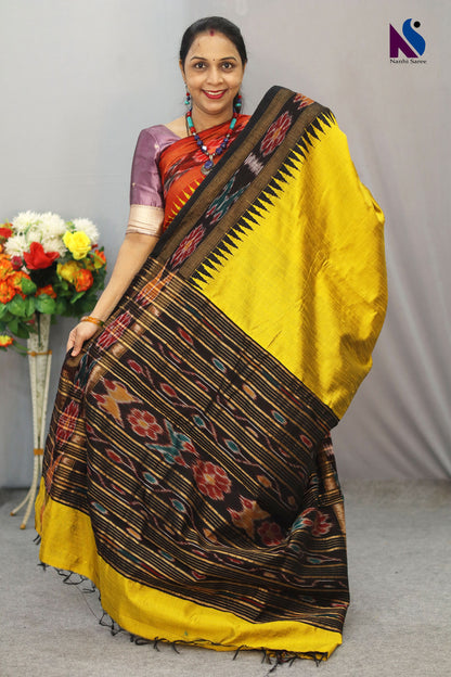 Traditional Handloom flema silk Saree with Mustard yellow pochampalli pallu ekkat Border