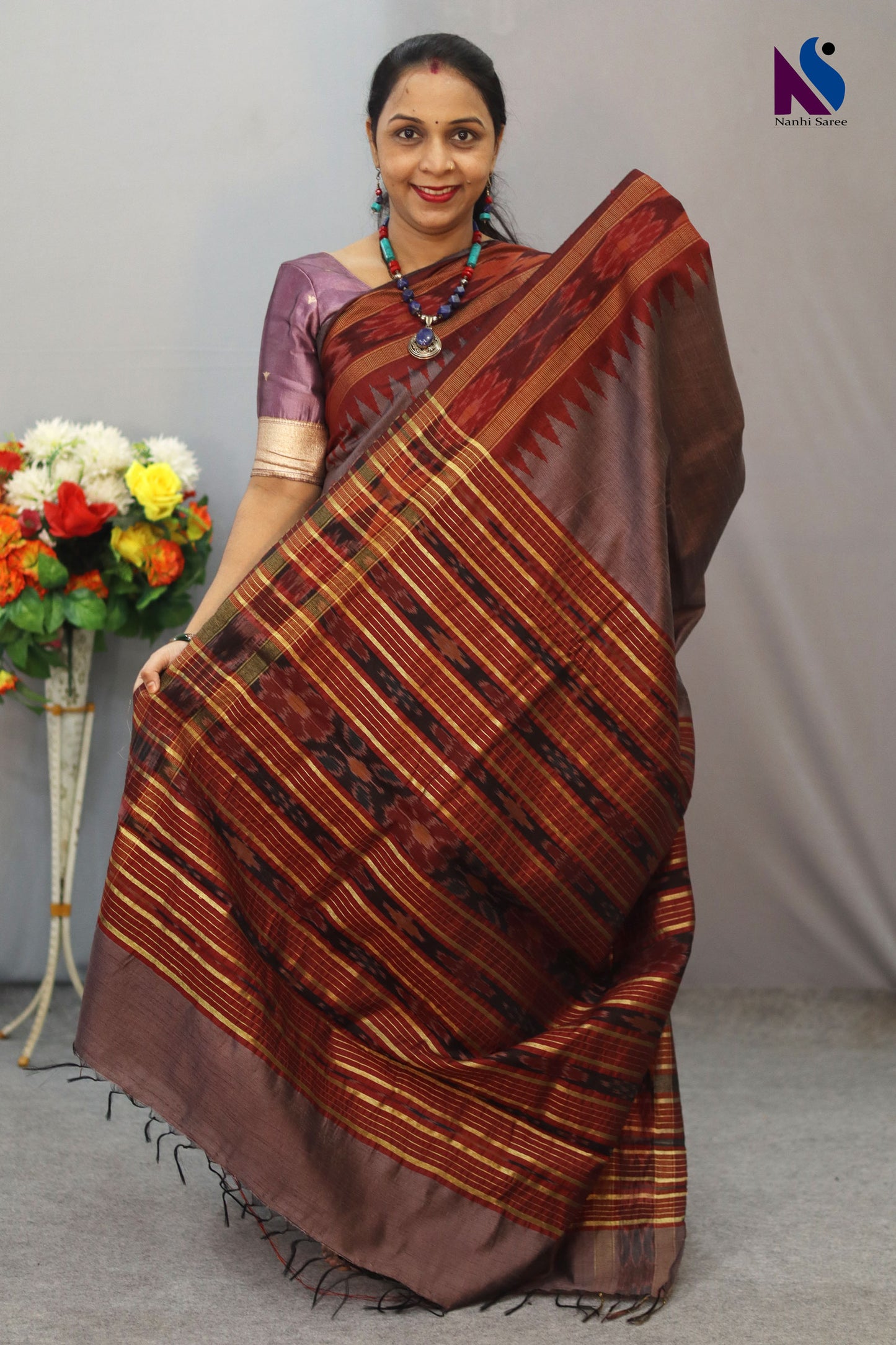 Classic Handloom flema silk Saree with Coffee Colour body pochampalli pallu ekkat Border