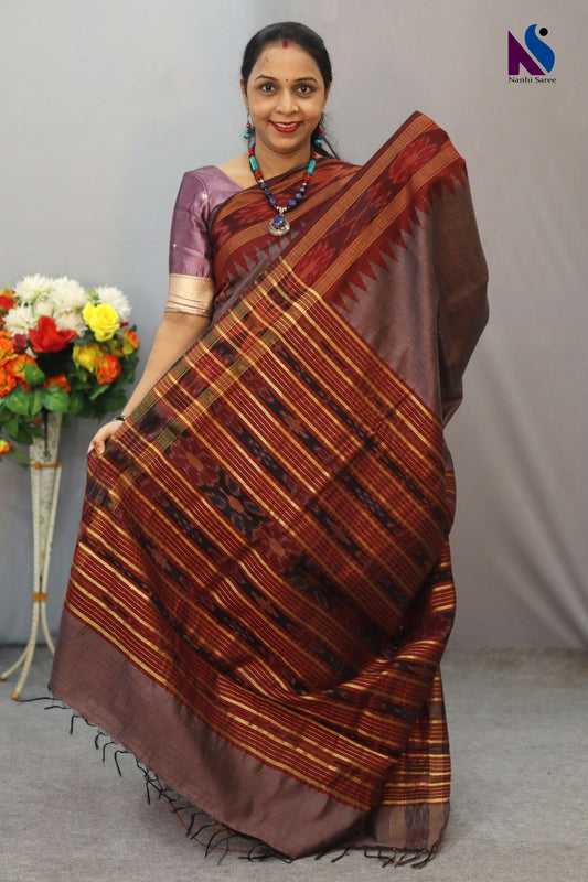 Classic Handloom flema silk Saree with Coffee Colour body pochampalli pallu ekkat Border