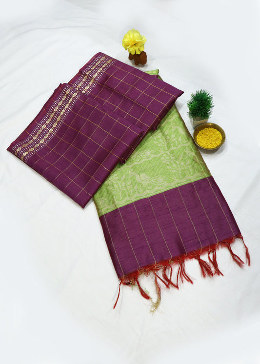 Hand woven Soft purple saree featuring bright lemon pallu for a fresh look