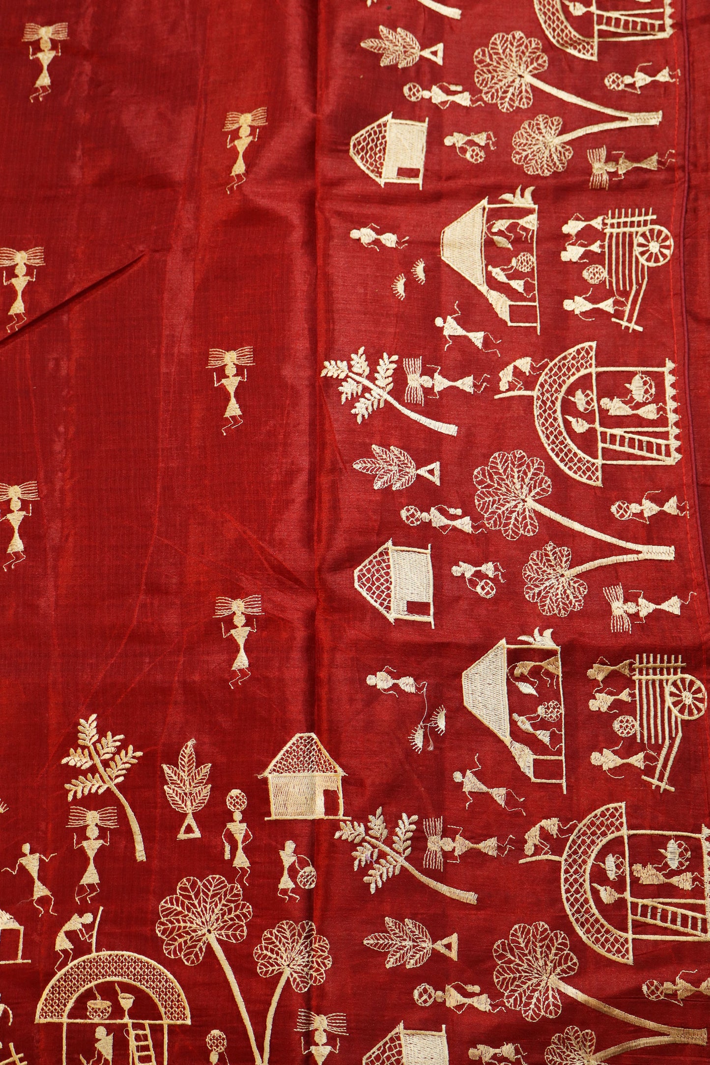 Art Inspired Red Handloom Tussar Silk Saree With Subtle Embroidery Highlights