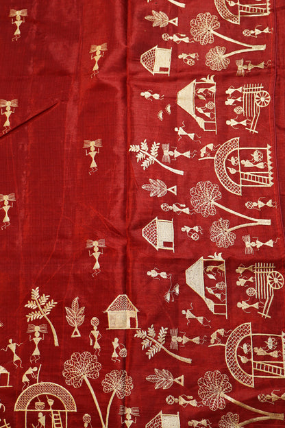 Art Inspired Red Handloom Tussar Silk Saree With Subtle Embroidery Highlights